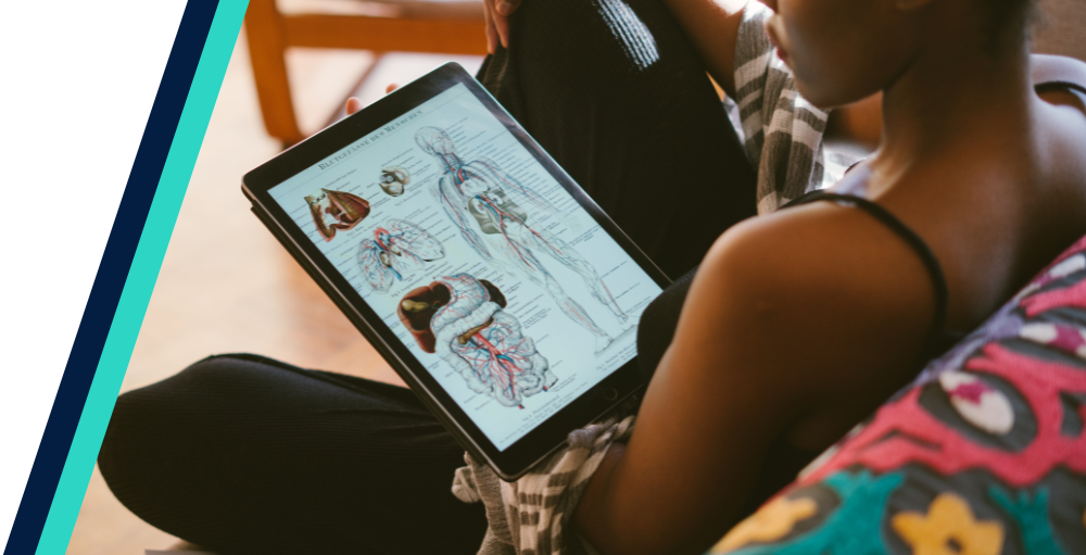 woman doing research on ipad