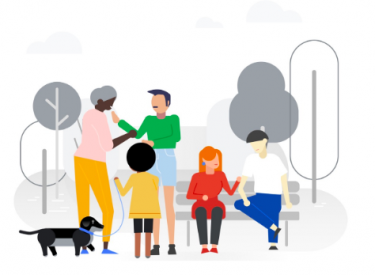 An illustration from Google's Recovery page, showing people chatting in a park