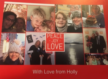 The author's holiday card, featuring photos of friends, family, and travel on a red background
